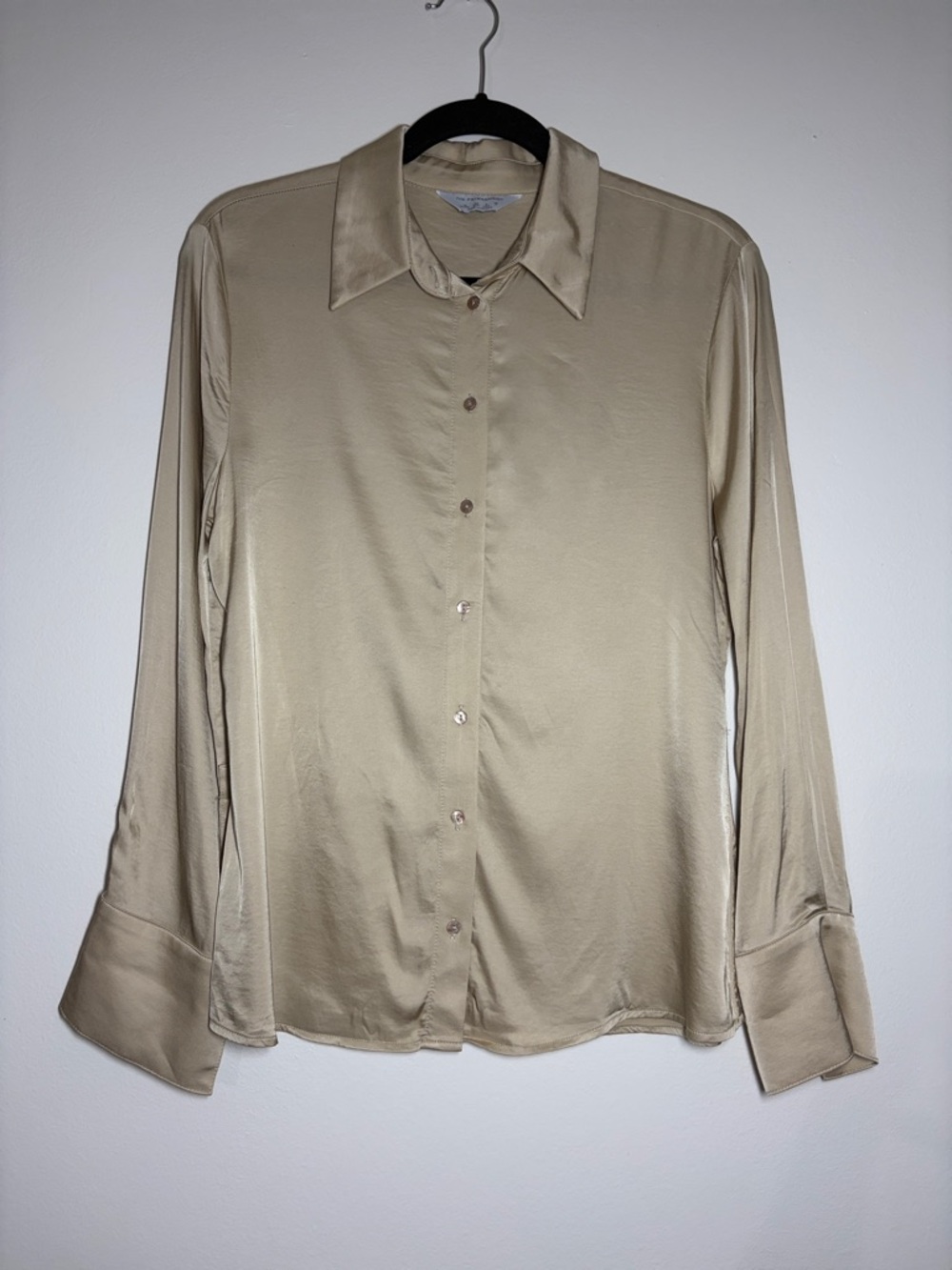 Satiny Button-Front Long Sleeve Blouse Shirt Top Gold